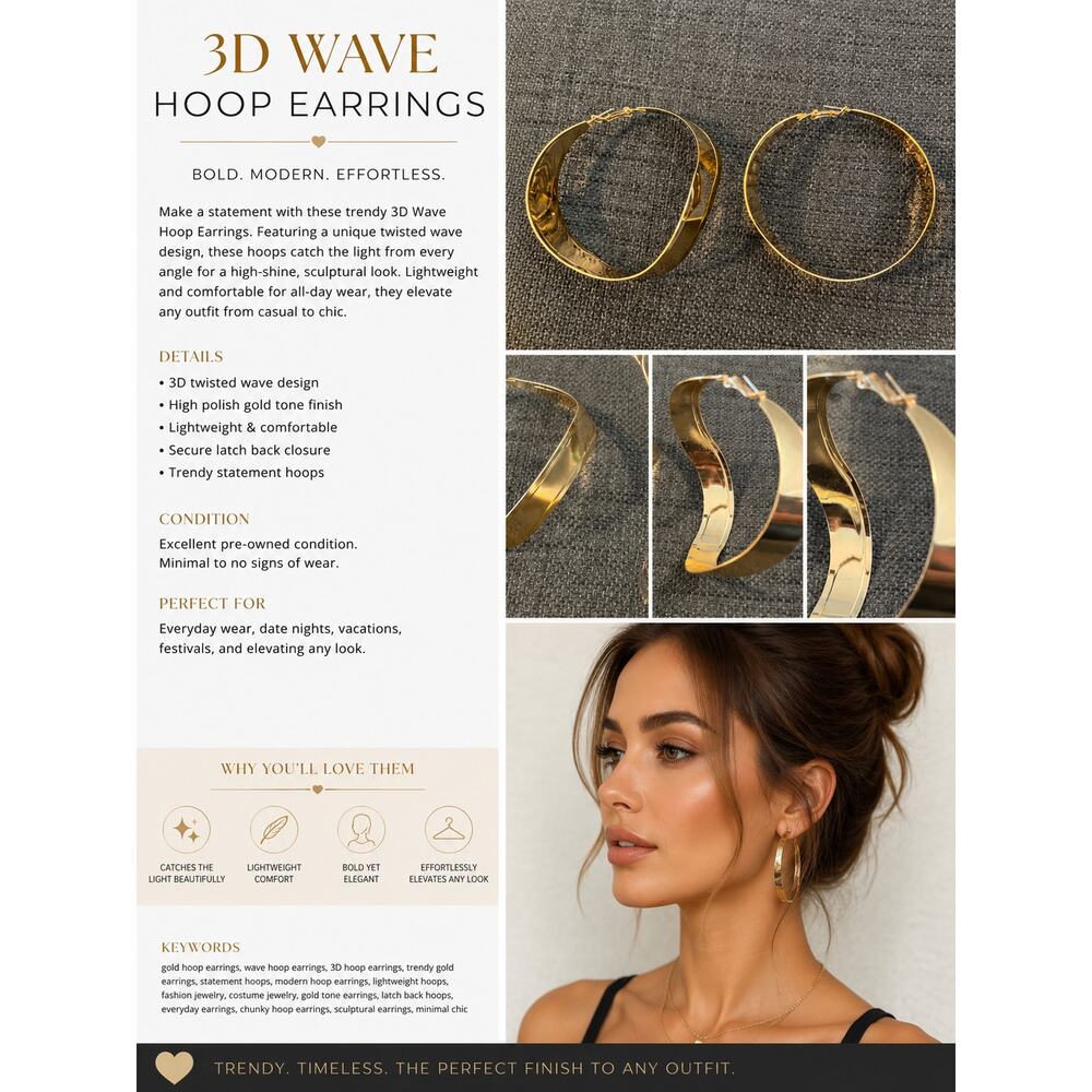Gold 3D Wave Hoop Earrings | Trendy Statement Hoops
